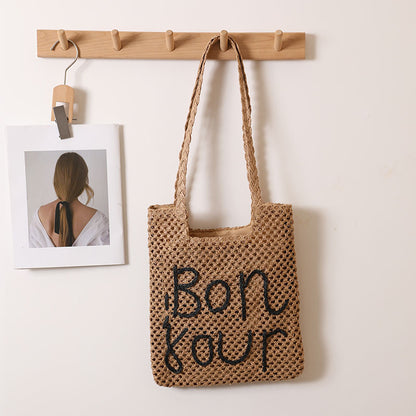 Letter Graphic Embroidery One Shoulder Straw Bag Hollow Out Cutout out Straw Bag Woven Bag Vacation Beach Bag Women Bag One Size Letter Concave Bag Coffee Black Letters