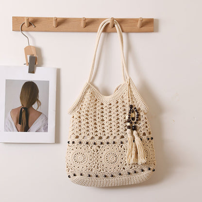 Wooden Bead Tassel Shoulder Cotton Thread Woven Bag Hollow Out Cutout Straw Bag Vacation Beach Bag Women Bag One Size Cotton Thread Sanyuan M