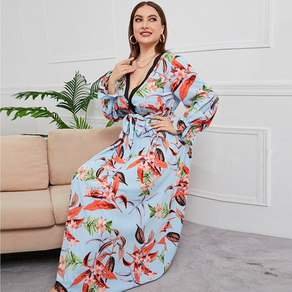 Plus Size Spring Autumn Waist-Controlled Large Hem Maxi Dress V-neck Plant Floral Print Maxi Dress