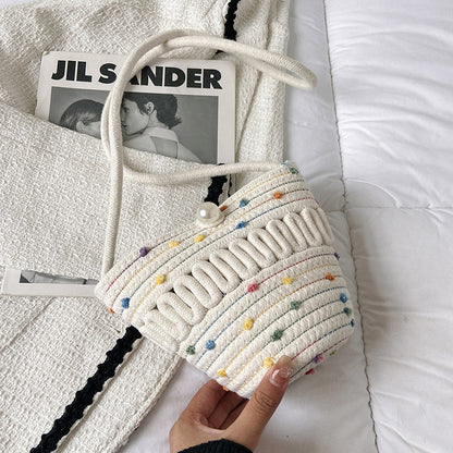 Crossbody Straw Bag Cotton Thread Woven Bag Mobile Phone Change Key Case Hollow Out Cutout Cotton Thread Woven Bag Casual Cute Women One Size Pearl Small Horn Color