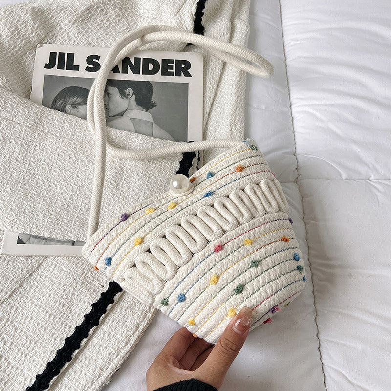 Crossbody Straw Bag Cotton Thread Woven Bag Mobile Phone Change Key Case Hollow Out Cutout Cotton Thread Woven Bag Casual Cute Women One Size Pearl Small Horn Color