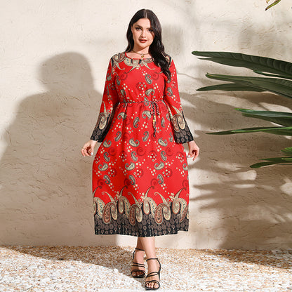 Plus Size Ethnic Loose Maxi Dress Cashew Printed Long Sleeve Dress Red