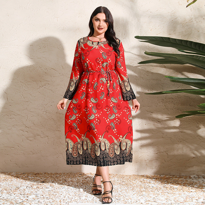 Plus Size Ethnic Loose Maxi Dress Cashew Printed Long Sleeve Dress Red