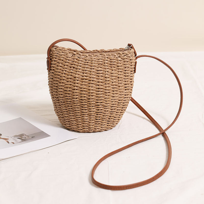 Cute Crossbody Bucket Straw Bag Simple Straw Bag Woven Bag Seaside Vacation Beach Bag All Matching Rattan Weave Bag One Size Belt Little Pannier
