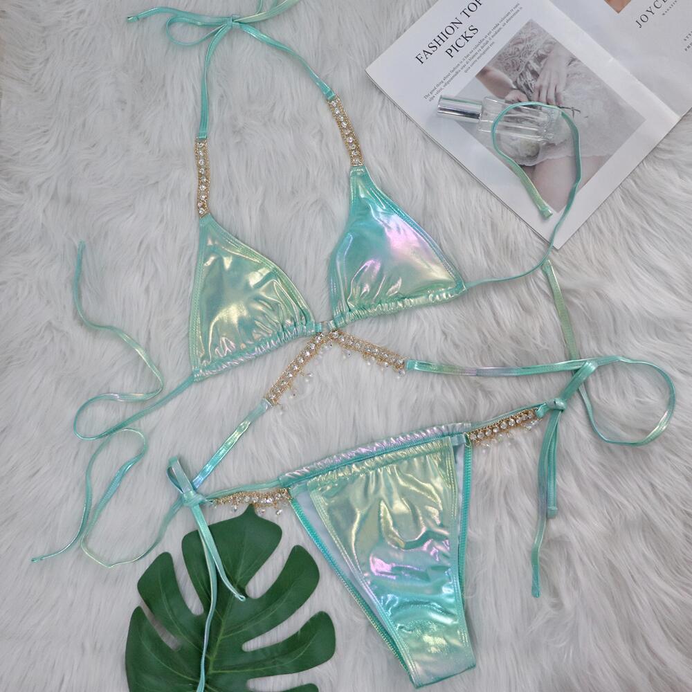 Crystal Diamond Bikini Sexy Bronzing Strap Women Split Swimsuit Swimsuit Green