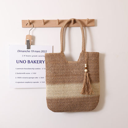 Woven Two Tone Tassel Woven Bag Shoulder Bag Casual Straw Bag Casual Women Bag Beach Bag One Size Coffee