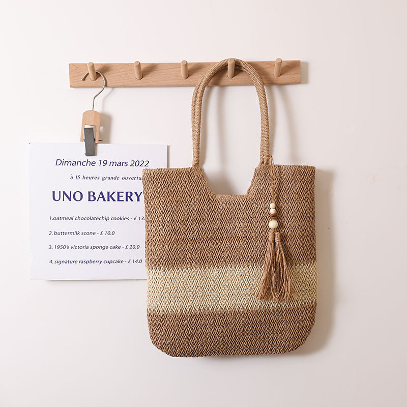 Woven Two Tone Tassel Woven Bag Shoulder Bag Casual Straw Bag Casual Women Bag Beach Bag One Size Coffee