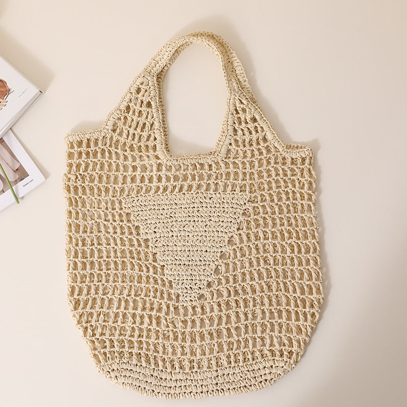 Large Capacity Hollow Out Cutout Straw Bag Fresh Candy Color One Shoulder Tote Woven Bag Portable Women Beach Bag One Size Rice