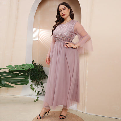 Plus Size Mesh Long Sleeve Dress Evening Dress Women Plump Girls Cocktail Party French Midi Dress