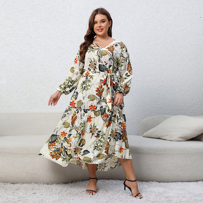Plus Size Spring Dress Printed V neck Long Sleeve Floral Dress Loose Swing Dress