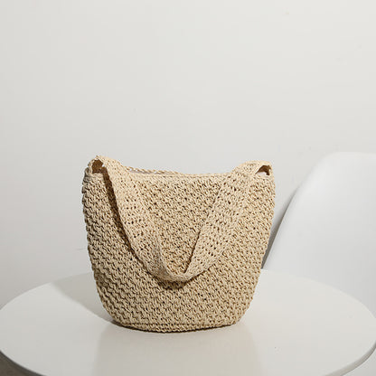 Hand Woven Bag Woven Bag Straw Bag Woven Bag Bucket Bag Seaside Vacation Beach Bag One Size Solid Color Bucket Beige