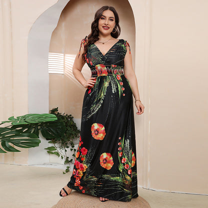 Plus Size Girls Ice Silk Printed Dress Bohemian plus-Sized V neck Maxi Dress