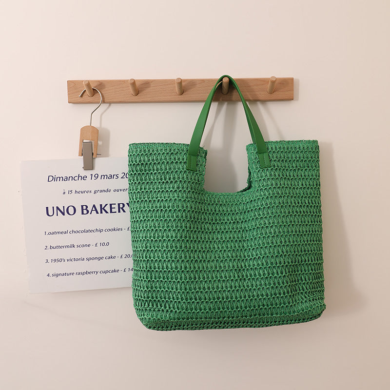 Shoulder Straw Bag Simple Large Capacity Portable Straw Bag Woven Bag Seaside Vacation Beach Bag Women Bag One Size Belt Concave Green