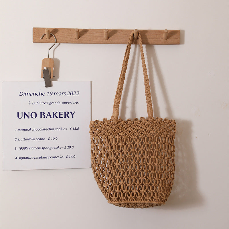 Hollow Out Cutout Shoulder Cotton Thread Woven Bag Lace Straw Bag Vacation Beach Bag Women Bag One Size Coffee