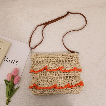 Crossbody Lace Straw Bag Ruffled Summer Color Straw Bag Woven Bag Seaside Beach Vacation Bag One Size Grass Skirt Orange