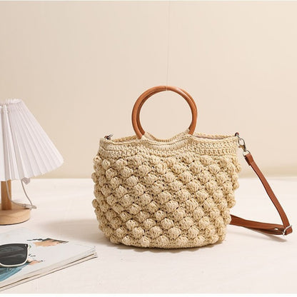 Beanie Crossbody Straw Bag Wooden Ring Portable Straw Bag Woven Bag Vacation Beach Bag Women Bag