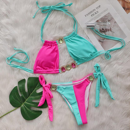 Baizi Crystal Diamond Bikini Sexy Patchwork Strap Women Split Swimsuit 5