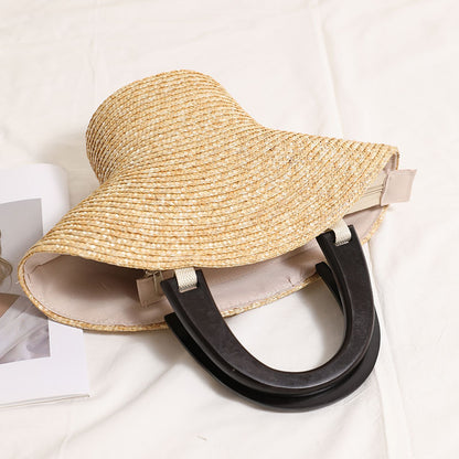 Wooden Portable Hat Straw Bag Fresh Straw Woven Bag Vacation Beach Bag Women Bag