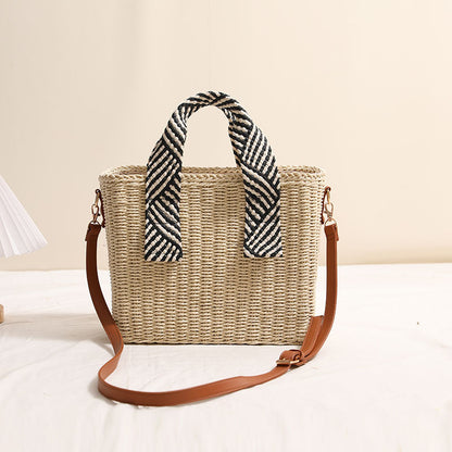Handheld Straw Bag Square Solid Color Crossbody Woven Bag Vacation Beach Bag Large Capacity Rattan Weave Bag One Size Striped Square Box M