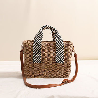 Handheld Straw Bag Square Solid Color Crossbody Woven Bag Vacation Beach Bag Large Capacity Rattan Weave Bag One Size Striped Square Box Coffee