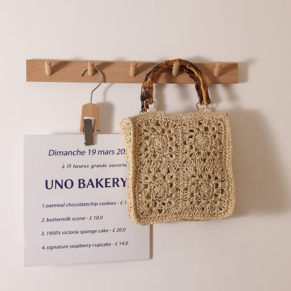 Bamboo Handle Straw Bag Paper String Square Crocheted Women Bag Fresh Casual Woven Bag Beach Bag One Size Cream