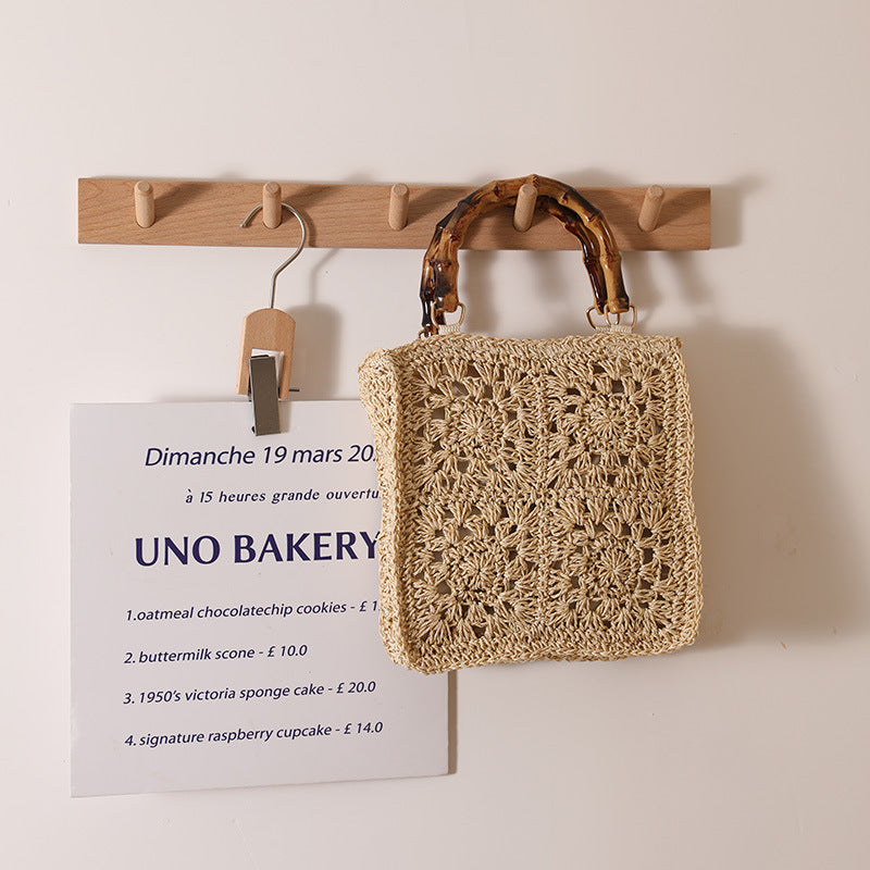 Bamboo Handle Straw Bag Paper String Square Crocheted Women Bag Fresh Casual Woven Bag Beach Bag One Size Cream