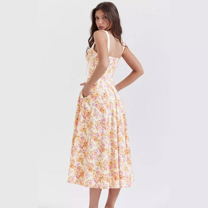 Spring Summer Women Printed Cami Dress Sexy Backless Slit Mid Length Dress for Women