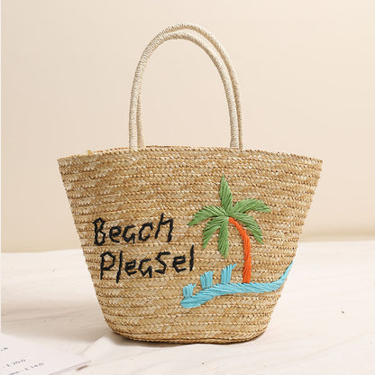 Coconut Embroidery Shoulder Straw Bag Letters Hand-Carrying Woven Bag Vacation Beach Bag Large Capacity Rattan Bag