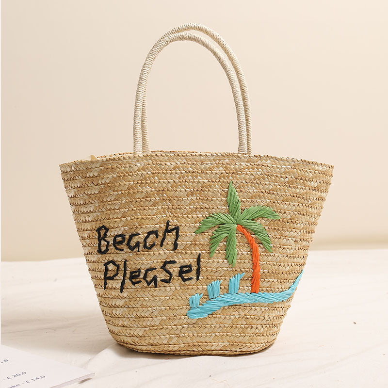 Coconut Embroidery Shoulder Straw Bag Letters Hand-Carrying Woven Bag Vacation Beach Bag Large Capacity Rattan Bag