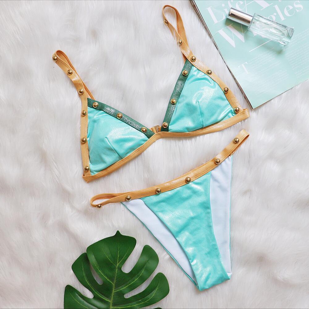 Patchwork Beaded Bikini Sexy Adjustable Shoulder Strap Split Women Swimsuit Green