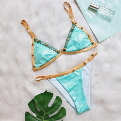 Patchwork Beaded Bikini Sexy Adjustable Shoulder Strap Split Women Swimsuit