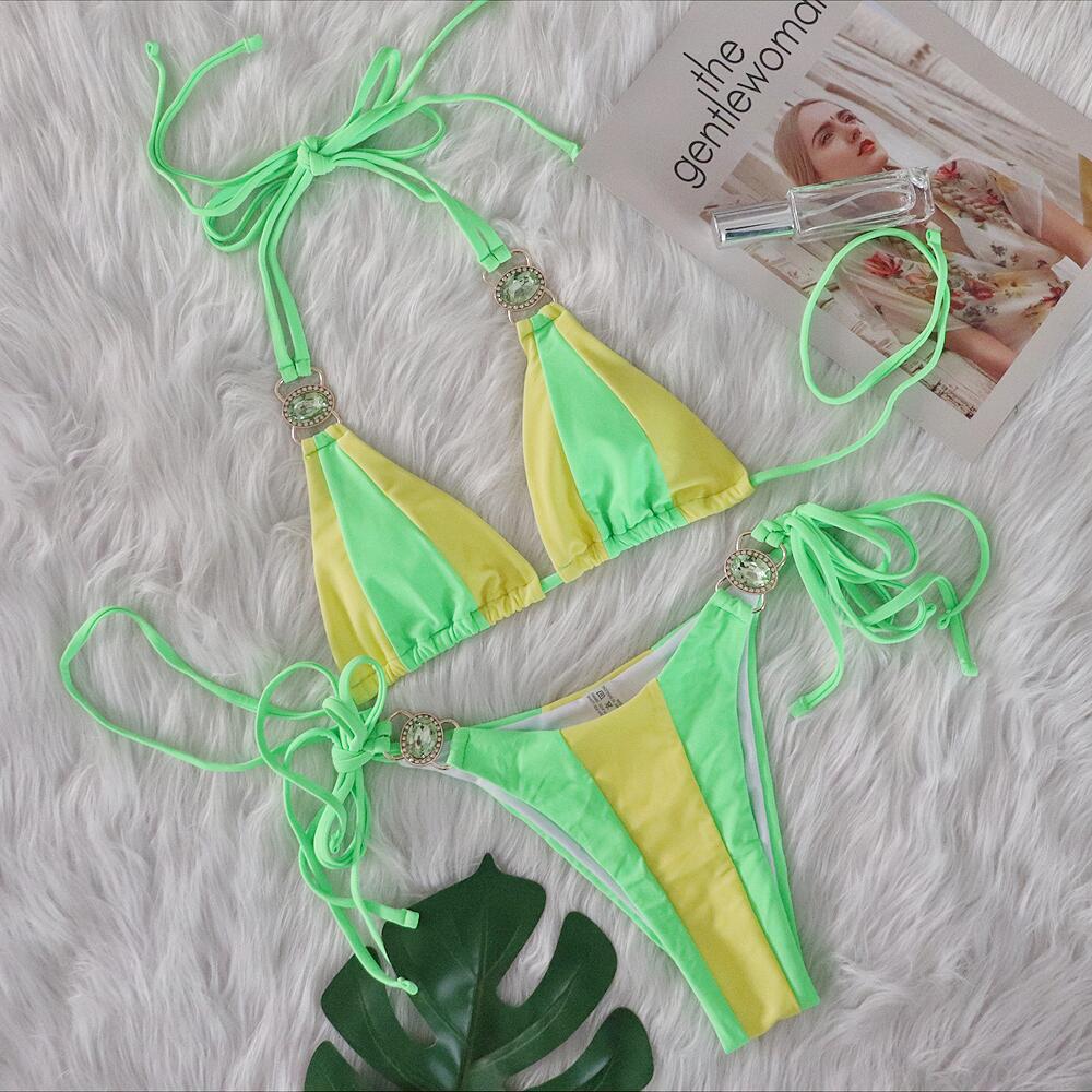 Sexy Crystal Diamond Bikini Solid Color Patchwork Bandage Swimsuit Vacation Split Women Swimsuit Light Green