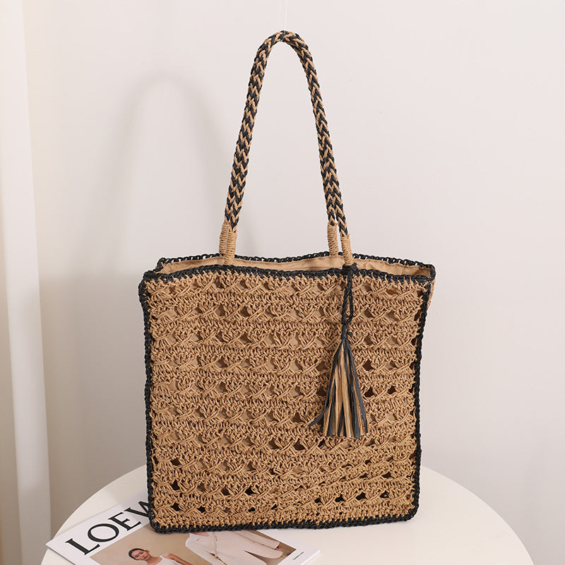 Square Tassel Shoulder Straw Bag Fresh Hollow Out Cutout Handmade Straw Bag Woven Bag Women Seaside Vacation Beach Bag One Size Multi1