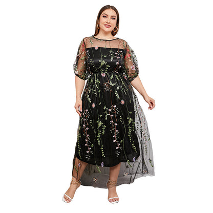 Plus Size French Hepburn Dress Women Mesh Embroidered Banquet Party Maxi Dress