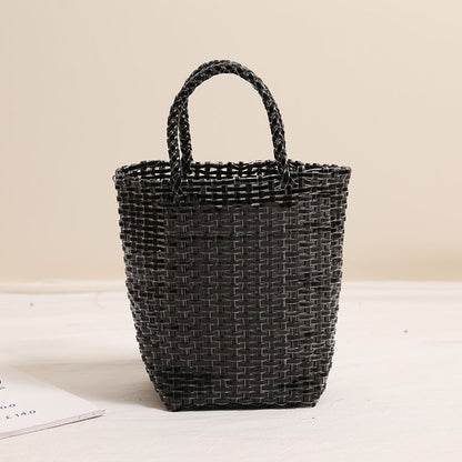 Gold Silver Color Portable Vegetable Basket Bag Solid Color Large Capacity Hand Carrying Woven Bag Seaside Vacation Beach Bag One Size Obsidian Brick