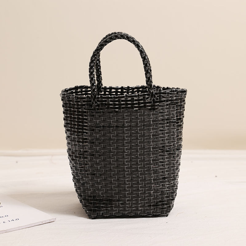 Gold Silver Color Portable Vegetable Basket Bag Solid Color Large Capacity Hand Carrying Woven Bag Seaside Vacation Beach Bag One Size Obsidian Brick