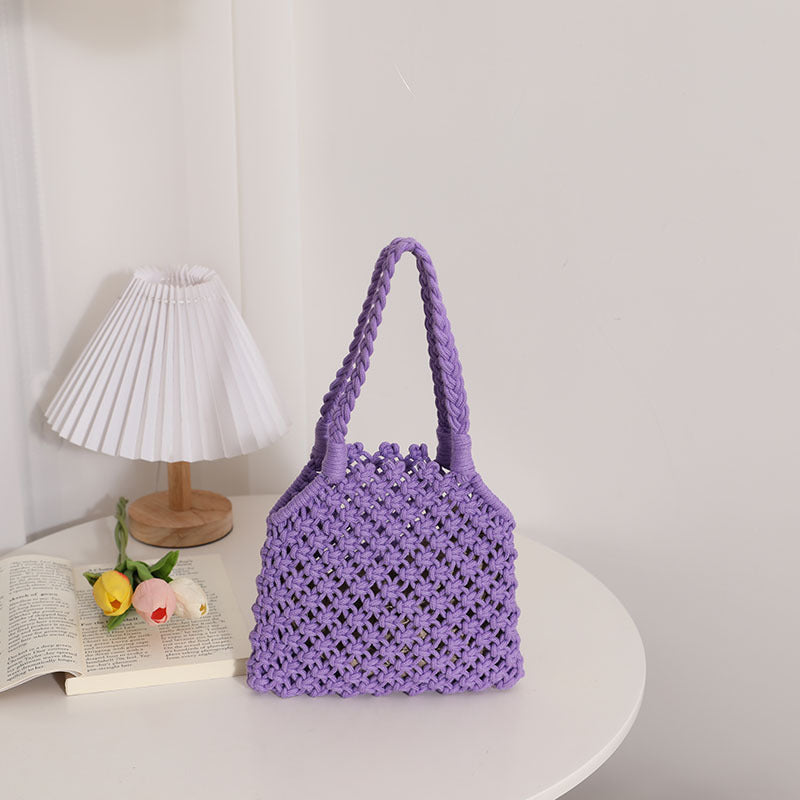 Hollow Out Cutout Cotton Thread Woven Bag Summer Cotton String Women Bag Portable Solid Color Straw Bag Vacation Beach Bag One Size Oblique Small Cotton Thread Purple
