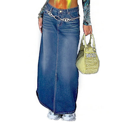 Casual Retro Denim Long Skirts Blue