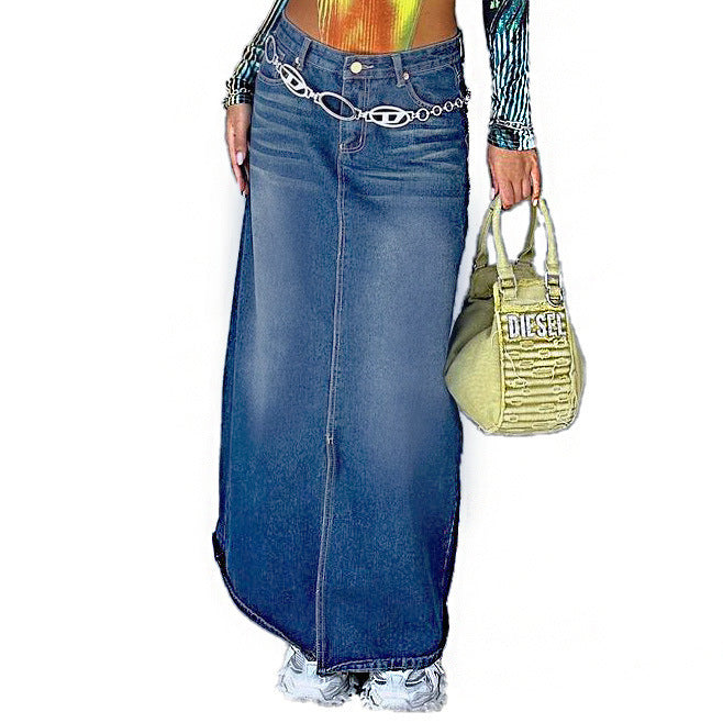 Casual Retro Denim Long Skirts Blue
