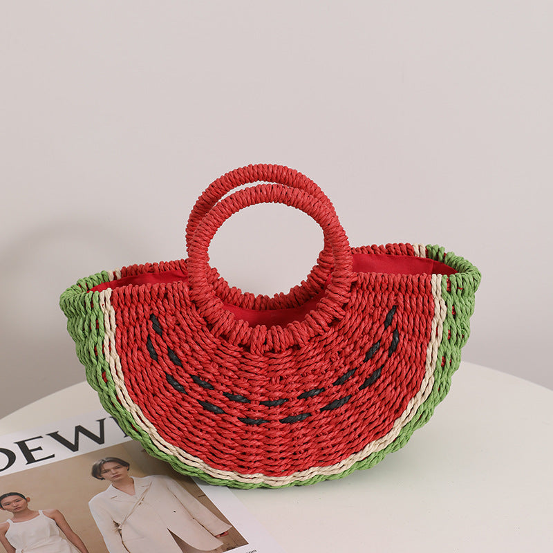 Fresh Candy Colored Watermelon Portable Straw Weaved Bag Cute Fruit Woven Bag Seaside Vacation Beach Bag One Size Little watermelon