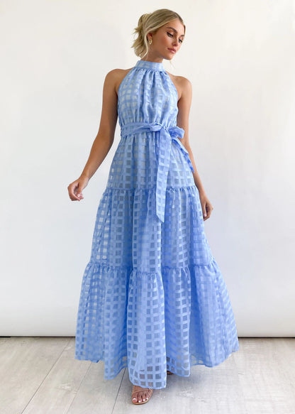 Spring Summer Stand Collar Solid Color Plaid Retro Maxi Dress Casual Dress for Women Light Blue