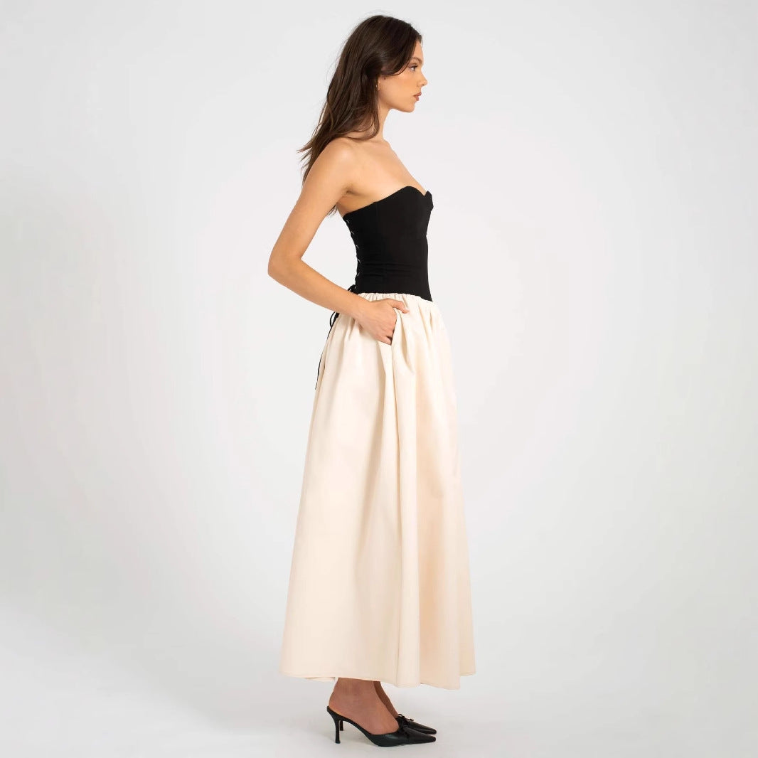 Summer Color Contrast Tube Top Sleeveless Dress Women Clothing