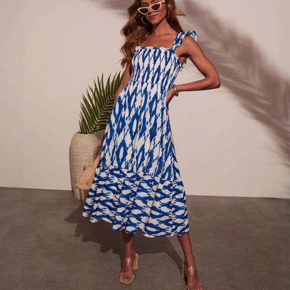 Women Clothing Summer Dress Printed Sexy Square Neck Cinched Pleated Suspender Large Swing Dress