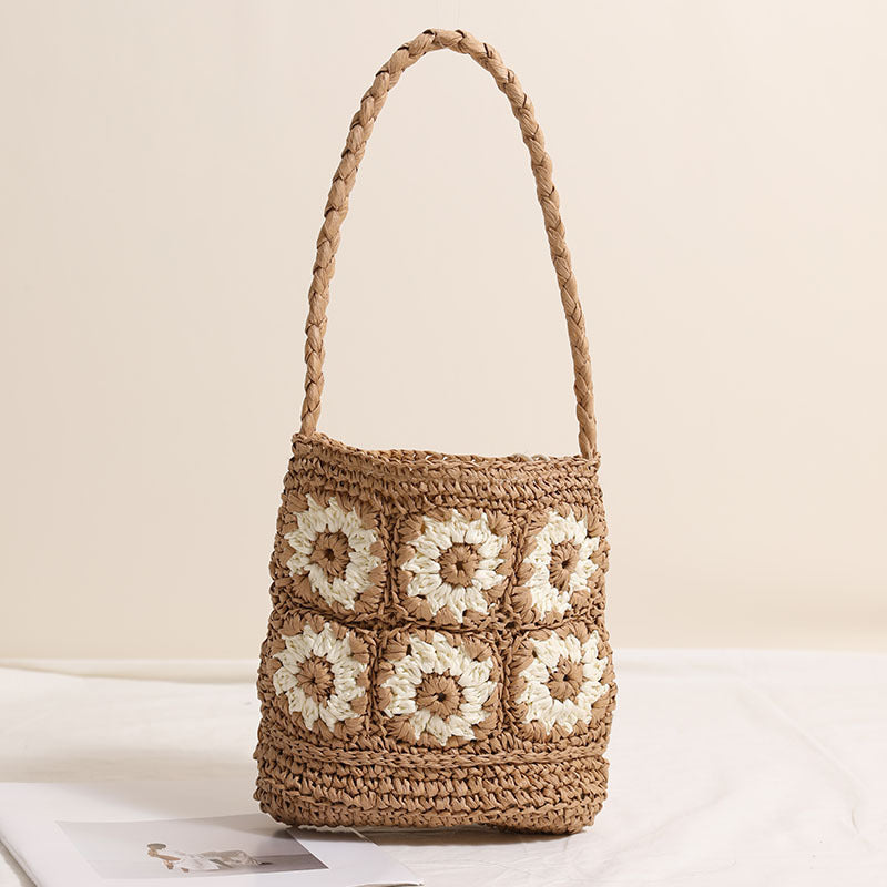 Fresh Daisy Floral Shoulder Straw Bag Hand Woven Bag Vacation Beach Bag Women Bag One Size Grandma GE SUNFLOWER