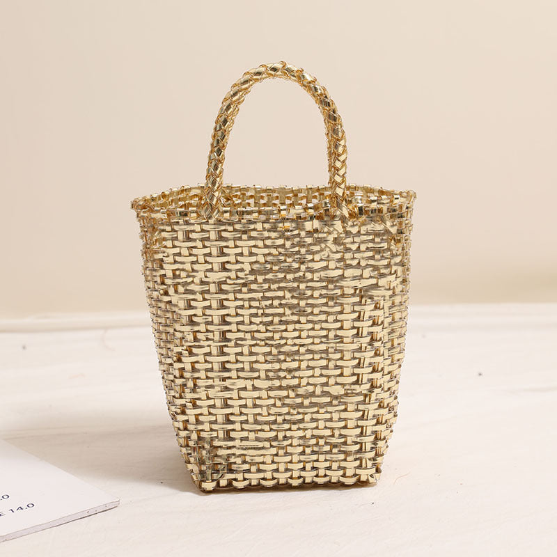 Gold Silver Color Portable Vegetable Basket Bag Solid Color Large Capacity Hand Carrying Woven Bag Seaside Vacation Beach Bag One Size BRICS