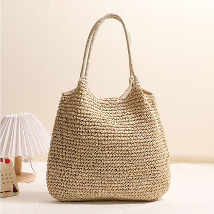 Large Capacity Tote Straw Bag Casual Shoulder Woven Bag Vacation Beach Bag Women Bag One Size Large One-Shoulder Knitted M