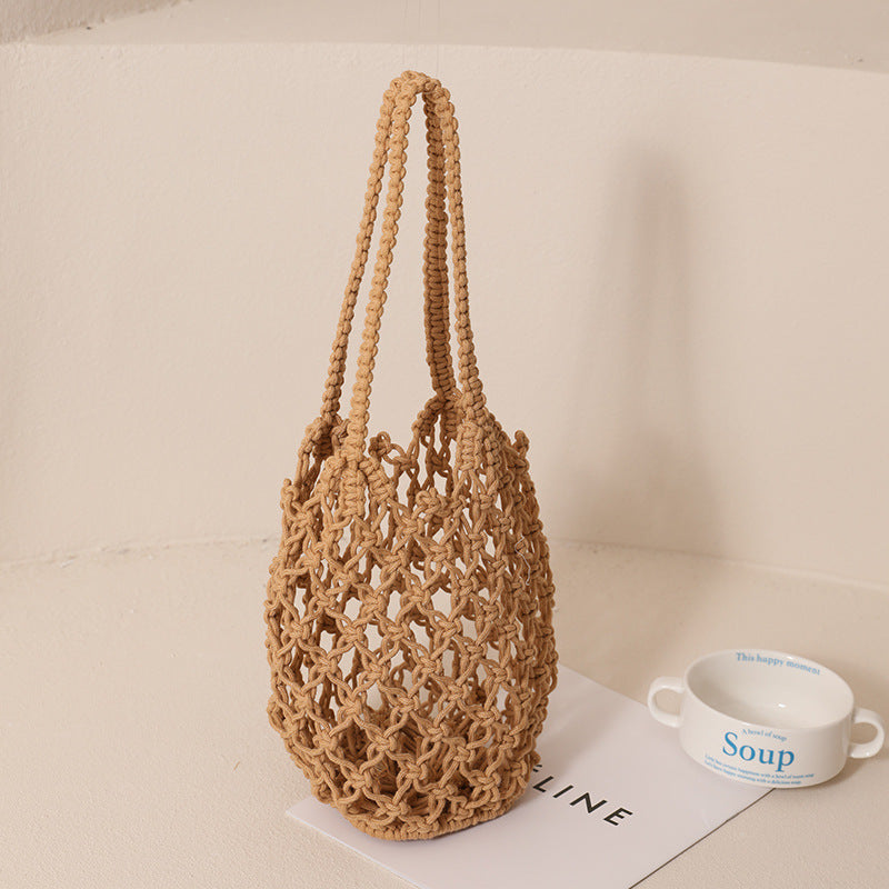 Hollow Out Cutout Cotton Thread Woven Bag Shoulder Handmade Straw Bag Fishing Net Bag Seaside Vacation Beach Bag Women Bag One Size Coffee