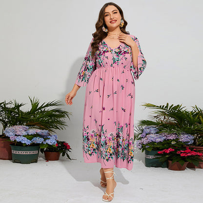 Plus Size Spring Dress Floral Chiffon Elastic Waist Flare Sleeve Vacation Dress Pink
