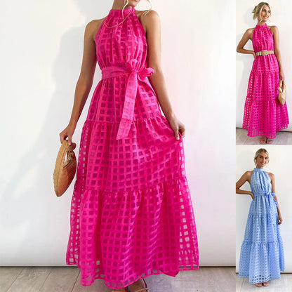 Spring Summer Stand Collar Solid Color Plaid Retro Maxi Dress Casual Dress for Women