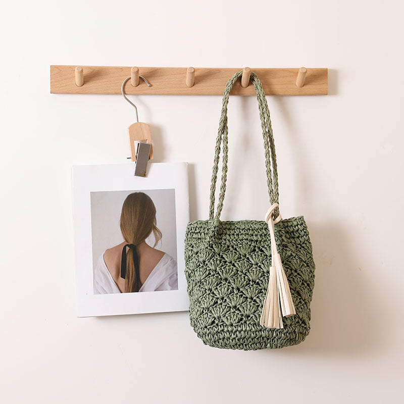 Tassel Shoulder Straw Bag Fan Hollow Out Cutout Pattern Woven Bag Women Vacation Beach Bag Women Bag One Size Small Fan Tassel Green